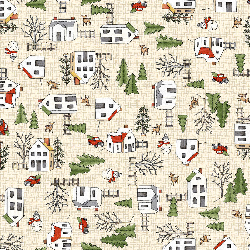 lovely burlap textured cream fabric, with scattered Christmas village homes, snowmen, deer, pine trees, and vintage red trucks