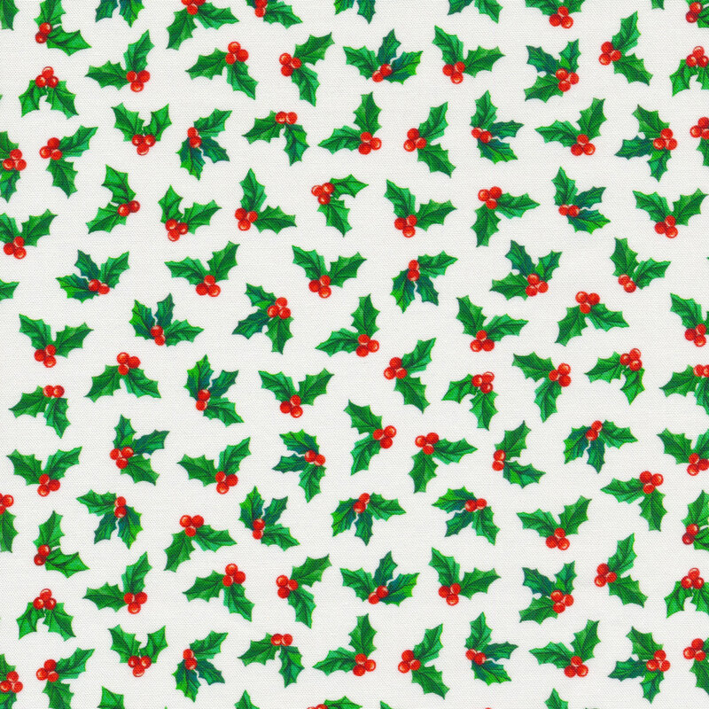 White fabric with a holly sprig pattern
