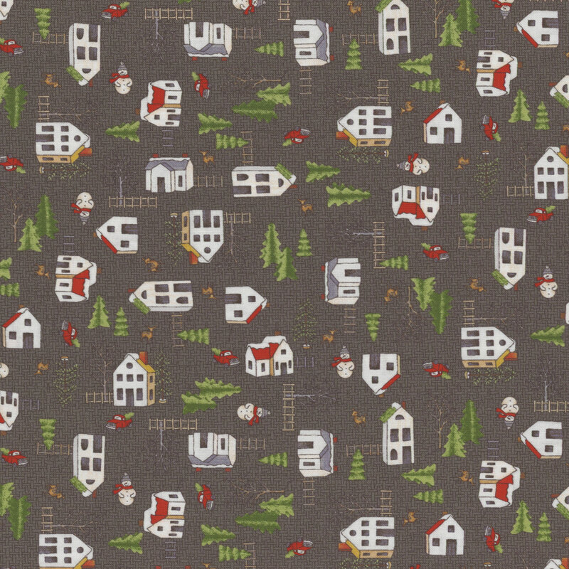 lovely burlap textured gray fabric, with scattered Christmas village homes, snowmen, deer, pine trees, and vintage red trucks