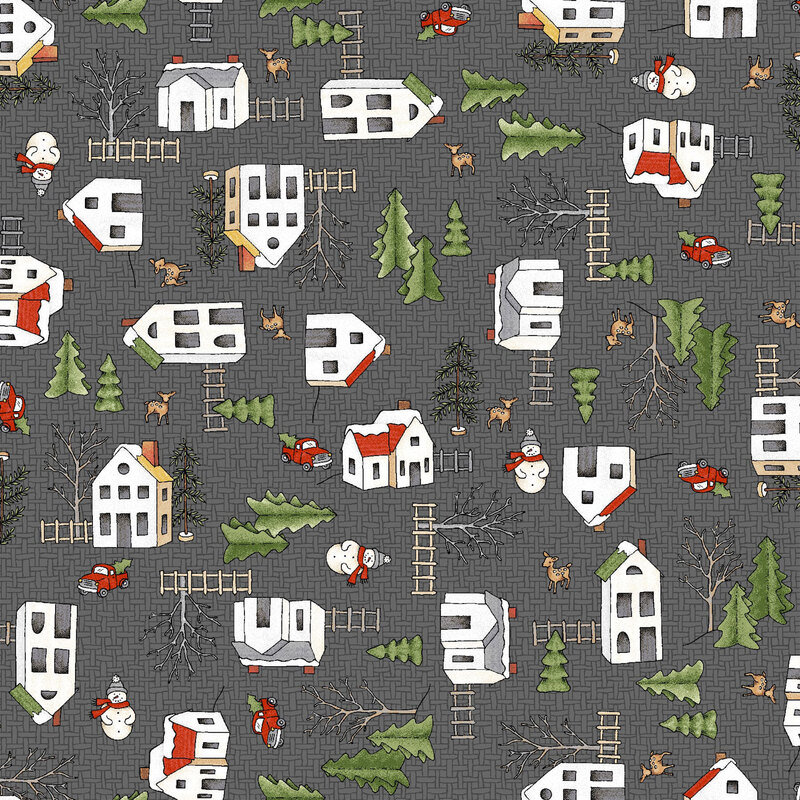 lovely burlap textured gray fabric, with scattered Christmas village homes, snowmen, deer, pine trees, and vintage red trucks
