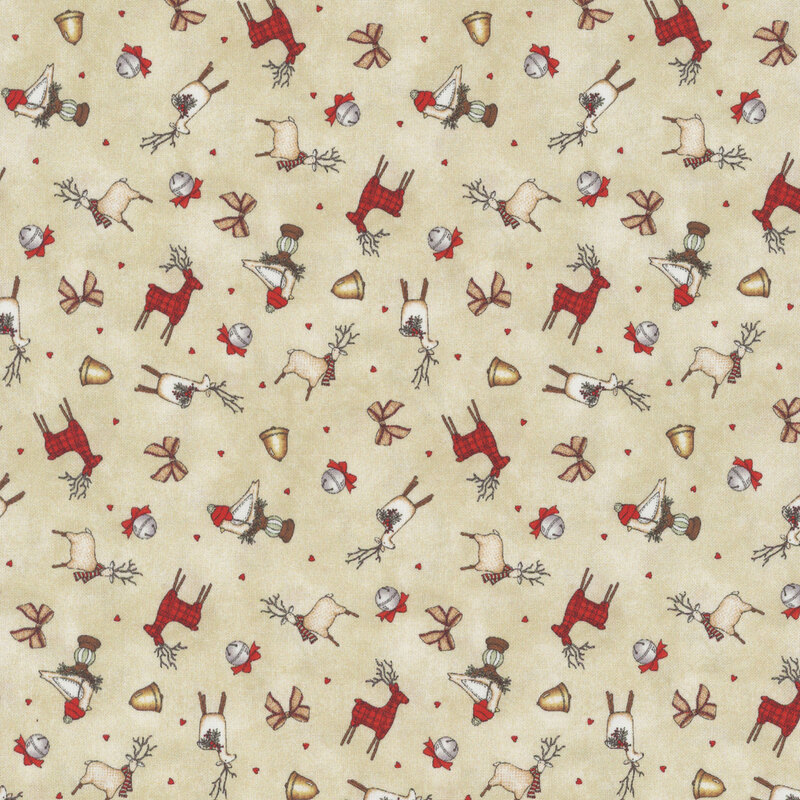 lovely textured cream fabric, with scattered fabric crafted decorations of deer and birds, alongside red hearts, silver jingle bells, golden bells, and ribbon bows