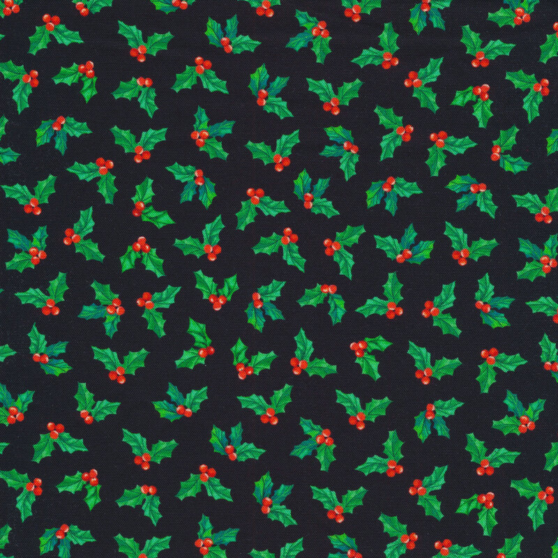 Black fabric with a holly sprig pattern