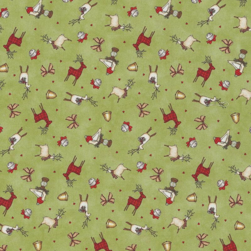 lovely textured green fabric, with scattered fabric crafted decorations of deer and birds, alongside red hearts, silver jingle bells, golden bells, and ribbon bows