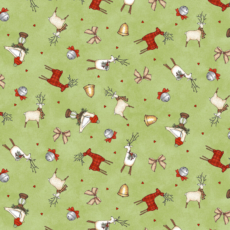 lovely textured green fabric, with scattered fabric crafted decorations of deer and birds, alongside red hearts, silver jingle bells, golden bells, and ribbon bows