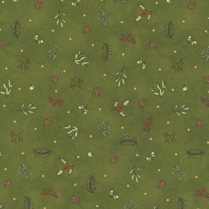 lovely textured green fabric, with scattered stars, mistletoe, holly, pinecones, acorns, sage sprigs, and fir tree branches