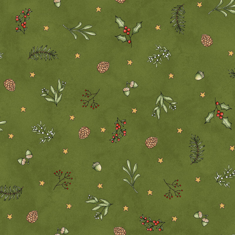 lovely textured green fabric, with scattered stars, mistletoe, holly, pinecones, acorns, sage sprigs, and fir tree branches