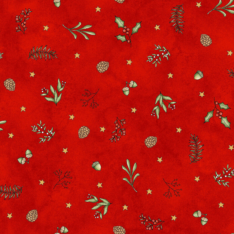 lovely textured red fabric, with scattered stars, mistletoe, holly, pinecones, acorns, sage sprigs, and fir tree branches