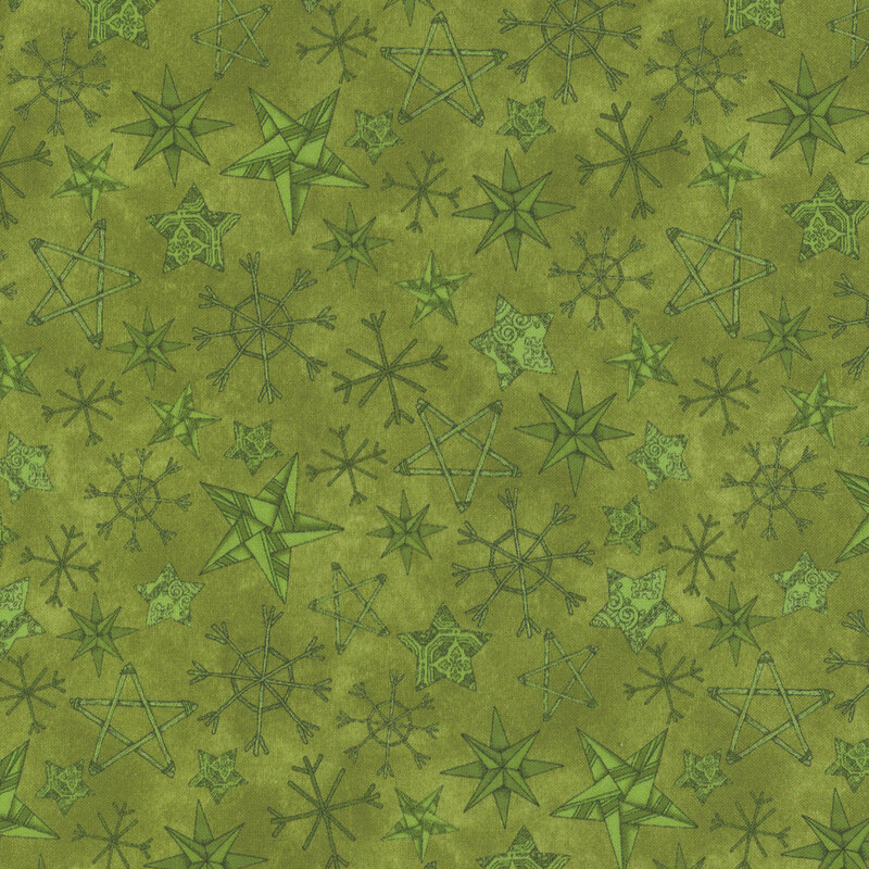 lovely textured green fabric, with scattered tonal handmade stars and snowflakes