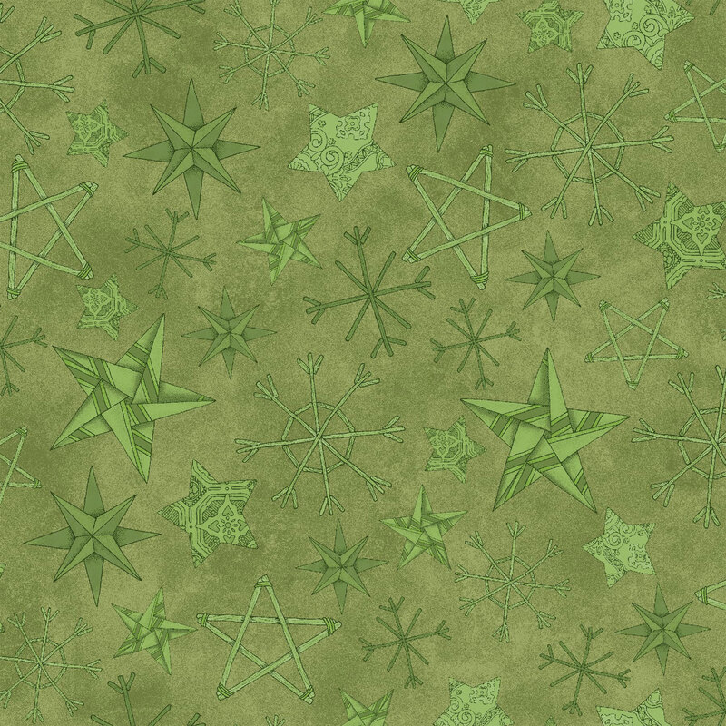 lovely textured green fabric, with scattered tonal handmade stars and snowflakes