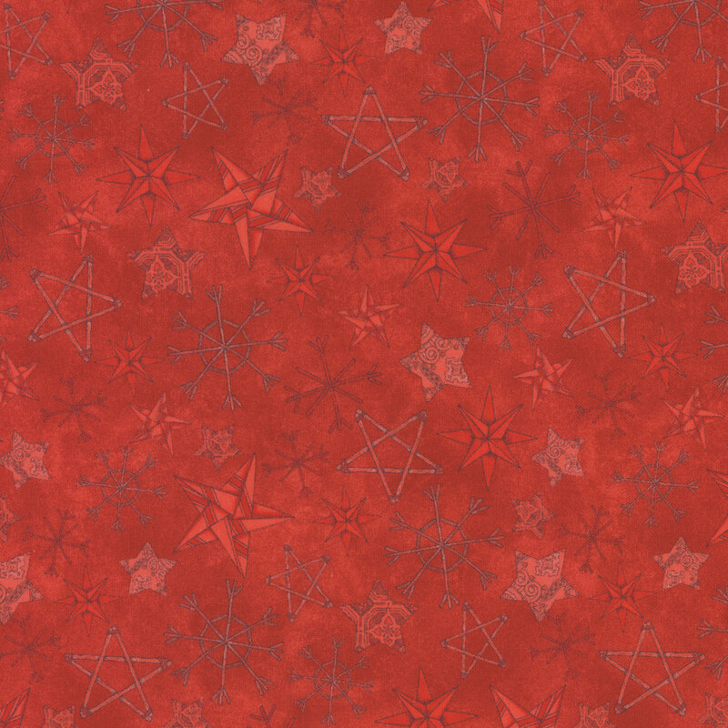 lovely textured red fabric, with scattered tonal handmade stars and snowflakes