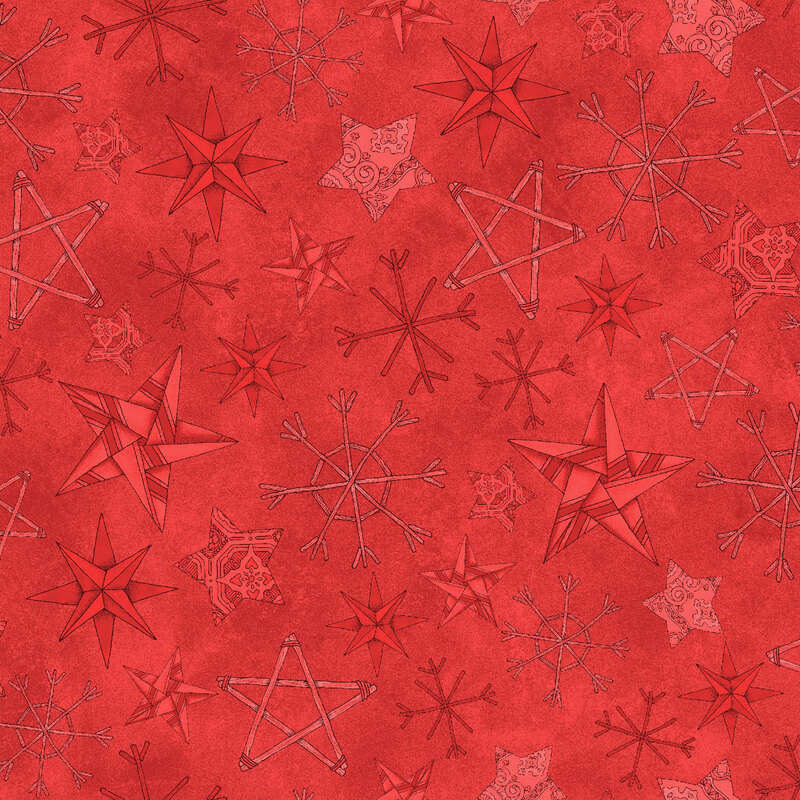 lovely textured red fabric, with scattered tonal handmade stars and snowflakes