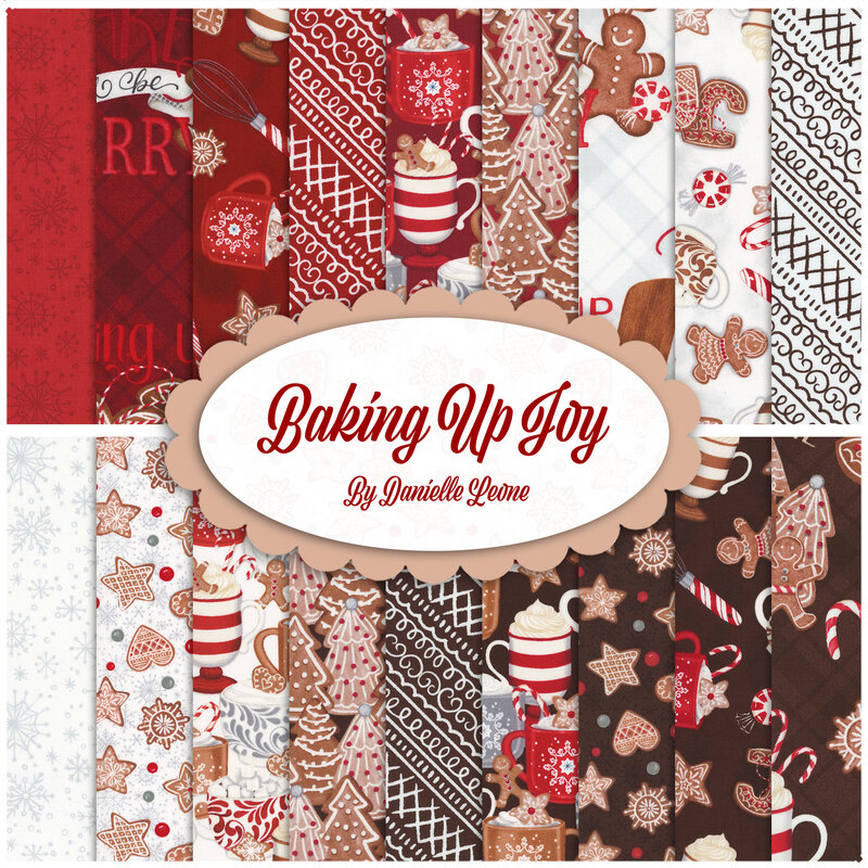 Collage of fabrics in baking up joy featuring, cookies, hot cocoa and baking supplies in red, brown, and white 