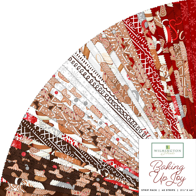 Collage of fabrics in baking up joy jelly roll featuring, cookies, hot cocoa and baking supplies in red, brown, and white