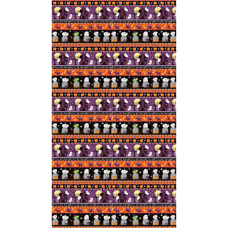 digital image of border stripe fabric with wide horizontal stripes featuring ghosts, mummies, witches, spiders, skeletons, and gravestones, in a fun cartoony style