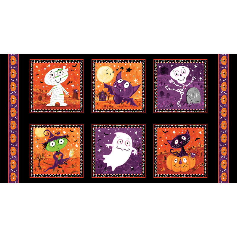 digital image of horizontal panel featuring 6 different Halloween scenes, including a bat, mummy, skeleton, witch, ghost, and black cat