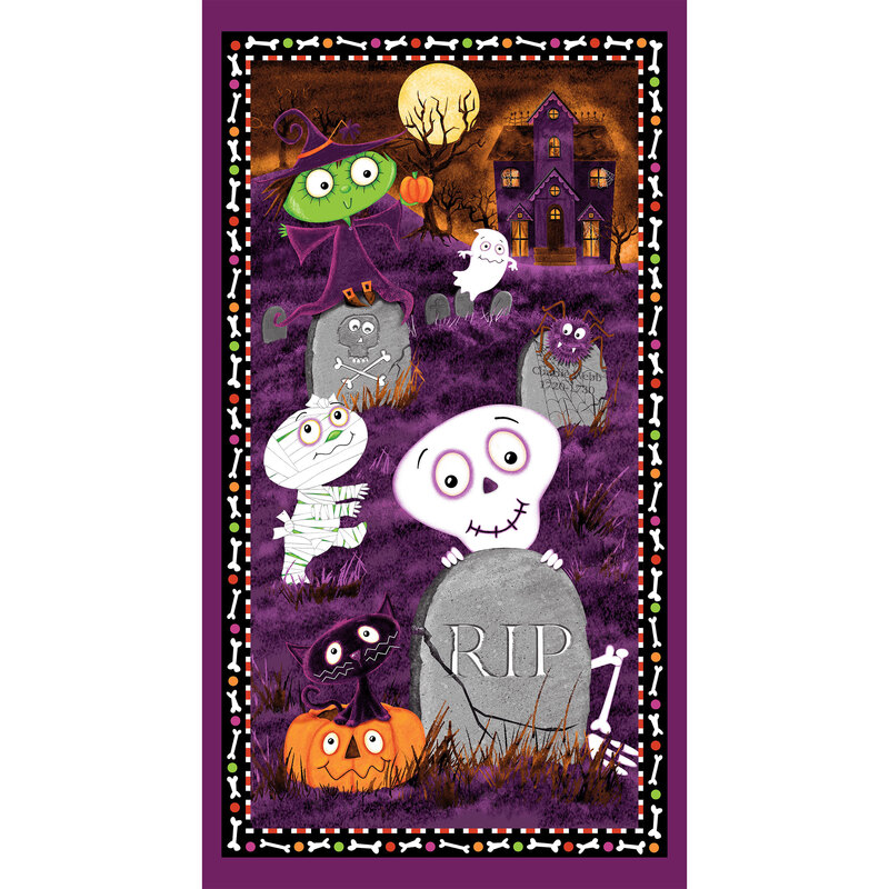 digital image of a halloween graveyard scene, including a full moon, witch, ghost, spider, mummy, skeleton, and black cat