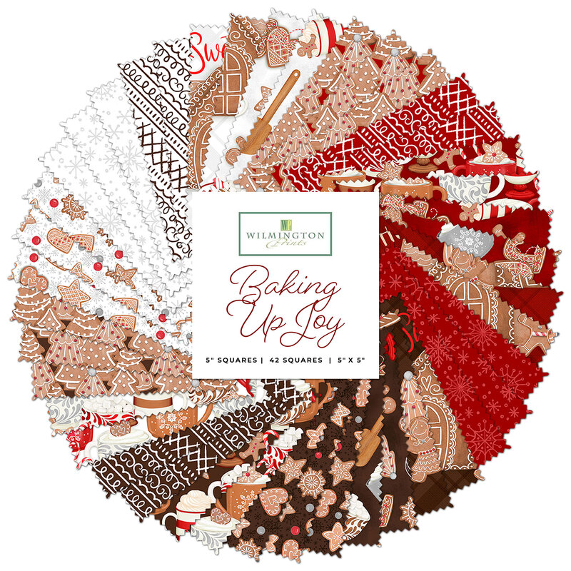 Collage of fabrics in baking up joy layer cake featuring, cookies, hot cocoa and baking supplies in red, brown, and white