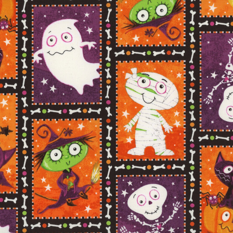 Tiled fabric, featuring different Halloween characters, including a skeleton, bat, witch, mummy, ghost, and black cat, separated by black borders that have polka dot and bone details.