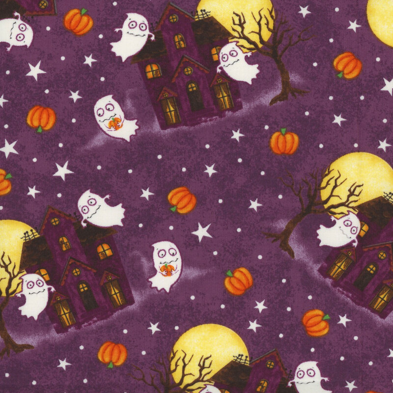 plum fabric, featuring scattered haunted houses and ghosts, with pumpkins, green dots, and stars sprinkled in between