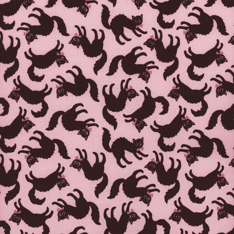 Light purple fabric featuring bowtie wearing black cats with arched backs tossed all over