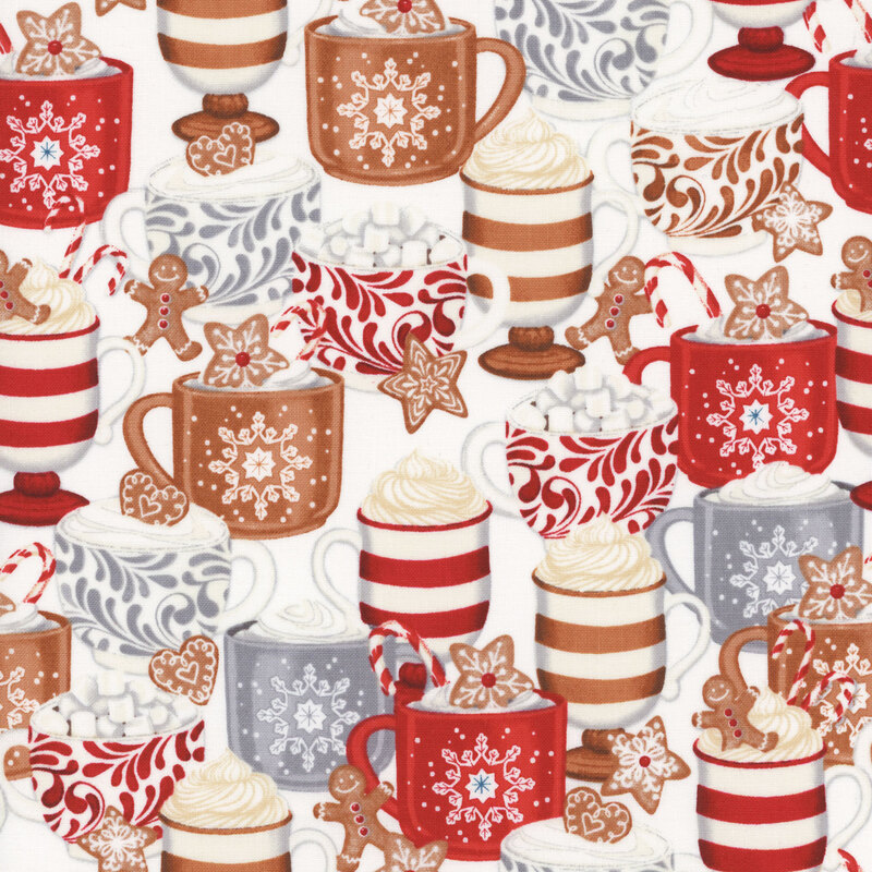 fabric featuring gingerbread cookies, and hot cocoa with whip cream on a white background