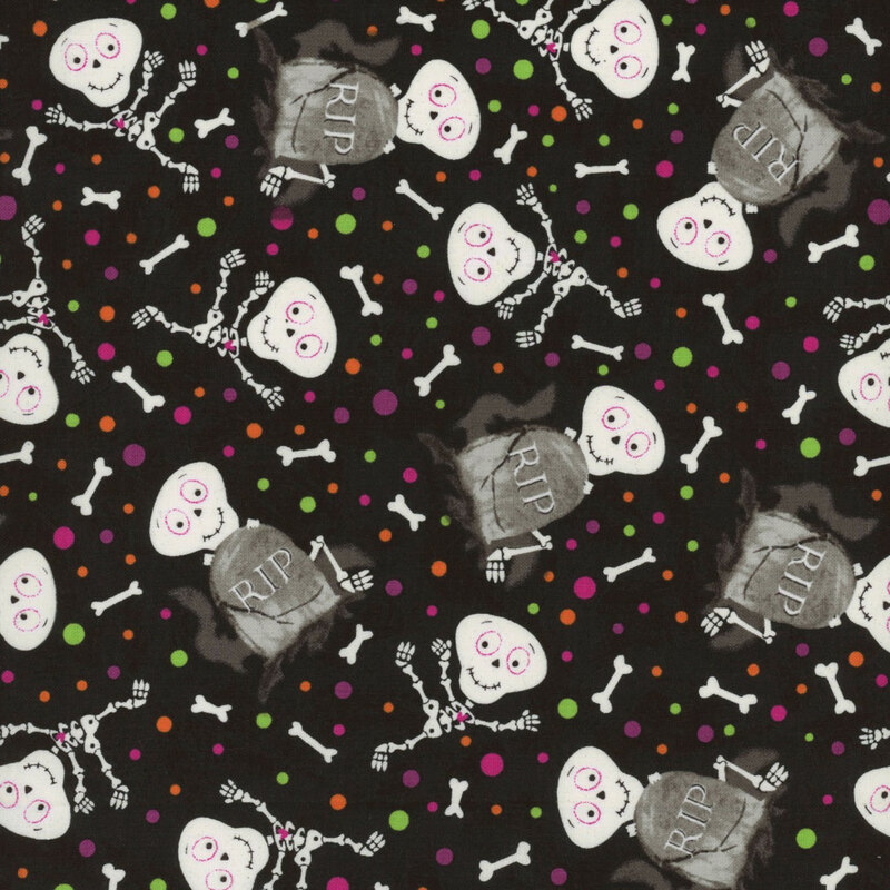 textured black fabric, featuring scattered skeletons and gravestones, with white, purple, green, and black dots sprinkled in between
