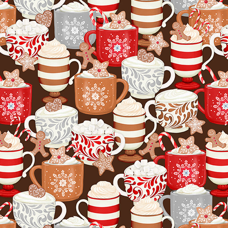 fabric featuring gingerbread cookies, and hot cocoa with whip cream on a brown background