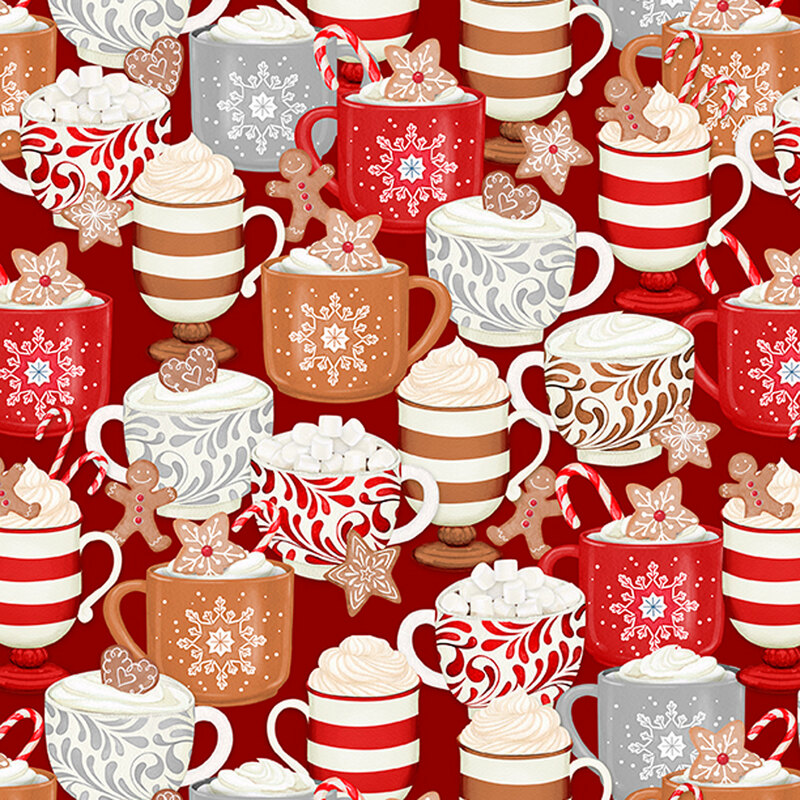 fabric featuring gingerbread cookies, and hot cocoa with whip cream on a red background