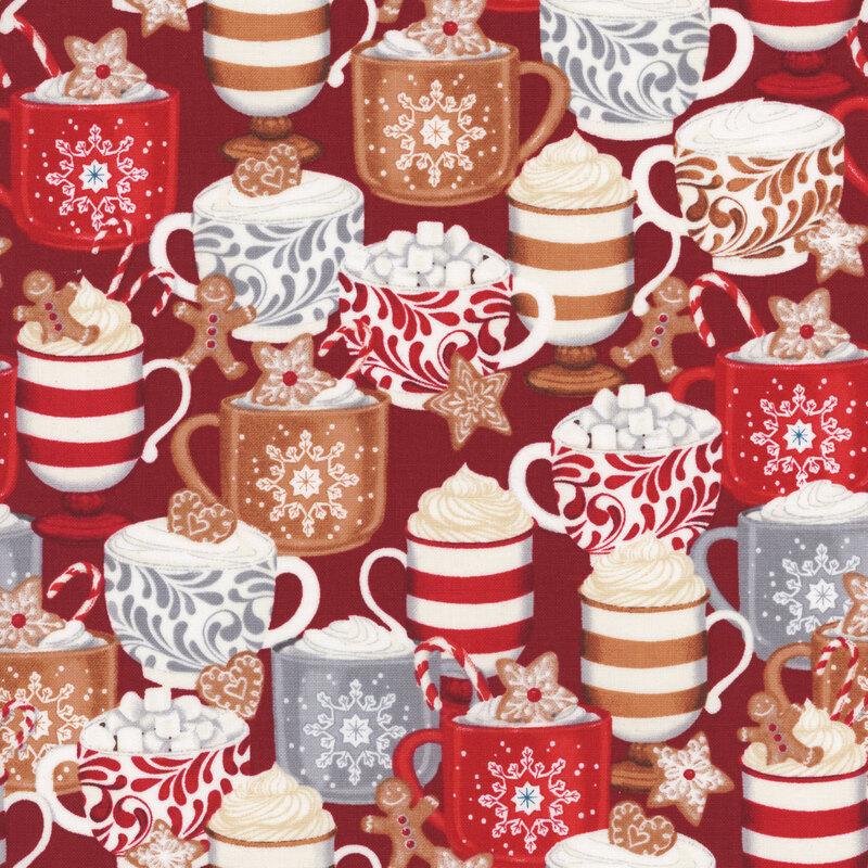 fabric featuring gingerbread cookies, and hot cocoa with whip cream on a red background