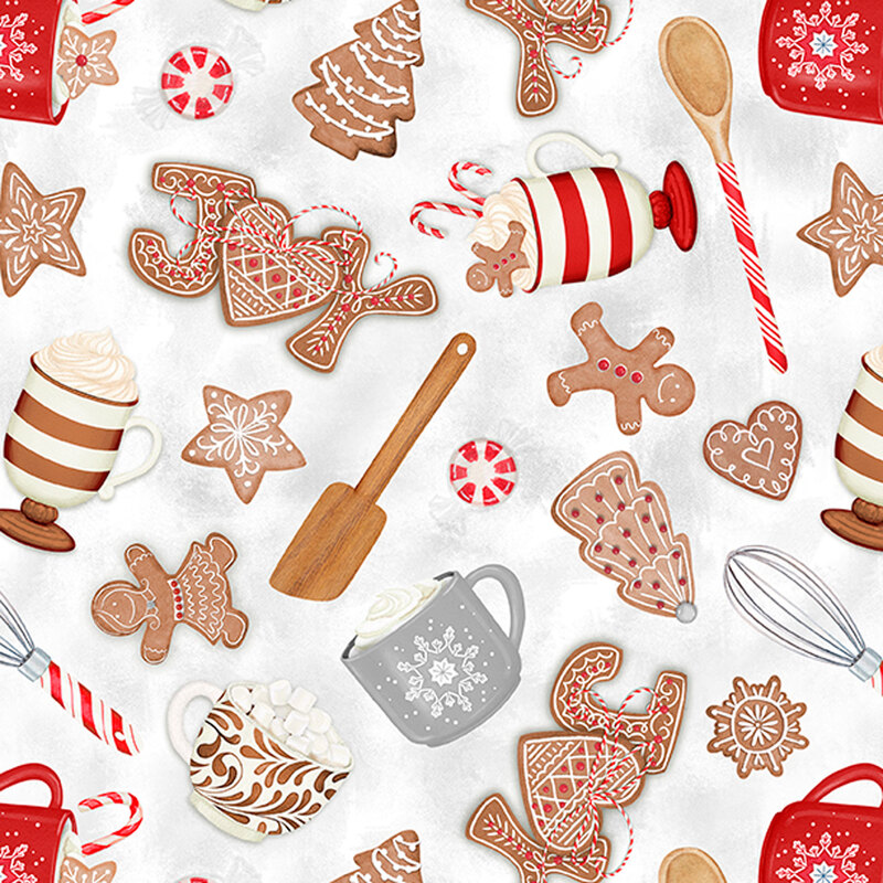 white fabric tossed with cookies, hot cocoa and baking utensils