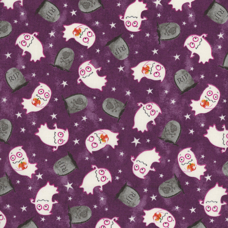 textured purple fabric, featuring scattered ghosts and gravestones, with white stars sprinkled in between