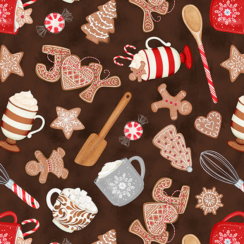brown fabric tossed with cookies, hot cocoa and baking utensils