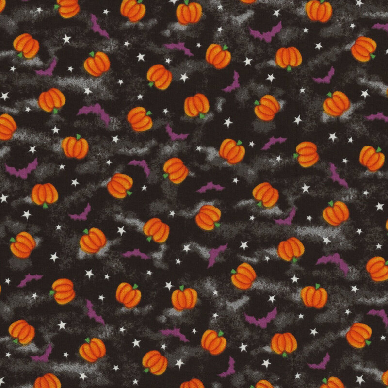 textured black fabric, featuring scattered pumpkins and purple bat silhouettes, with white stars sprinkled in between