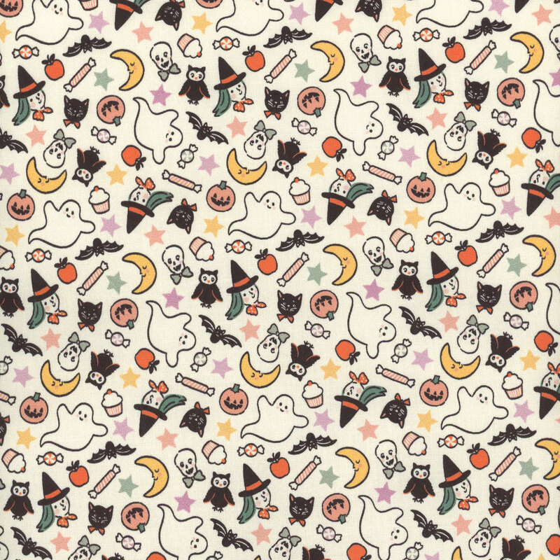 Natural cream fabric with tiny colorful Halloween motifs of treats, witches, jack-o-lanterns, and ghosts tossed all over.
