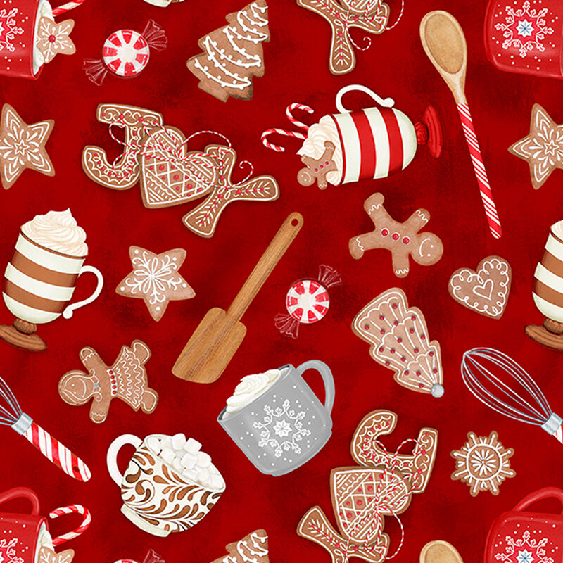 red fabric tossed with cookies, hot cocoa and baking utensils