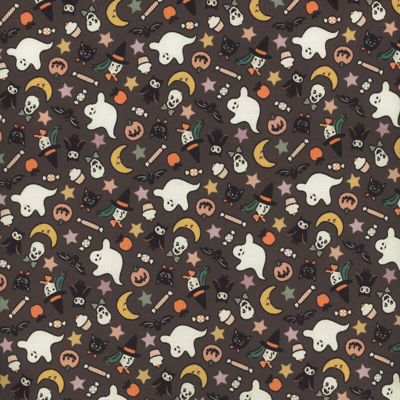 Dark gray fabric with tiny colorful Halloween motifs of treats, witches, jack-o-lanterns, and ghosts tossed all over.