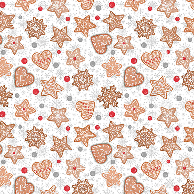 white fabric featuring decorated gingerbread cookies