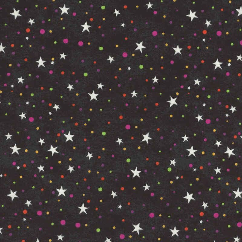 textured black fabric, featuring scattered white stars and pink, purple, orange, and green dots