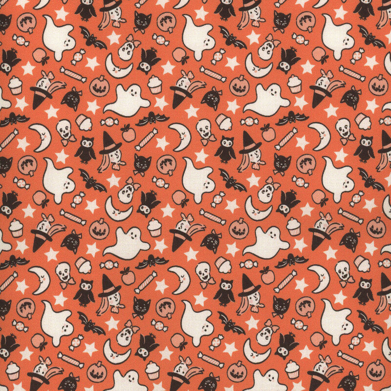 Orange fabric with tiny Halloween motifs of treats, witches, jack-o-lanterns, and ghosts tossed all over.