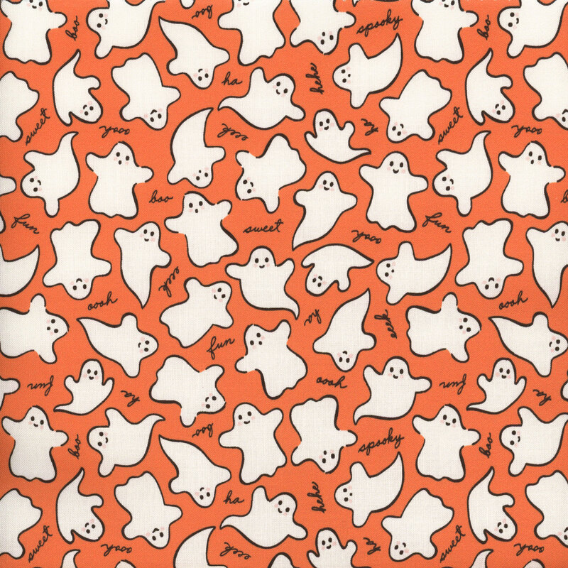 Orange fabric featuring white ghosts with small script phrases tossed all around