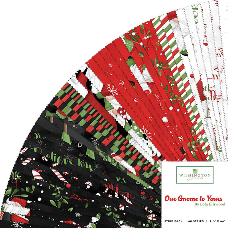 Collage of red, black, and white fabrics featuring gnomes and Christmas things included in the Our Gnome to Yours collection.