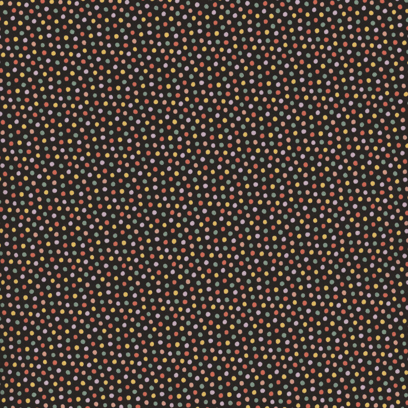Black fabric with tiny colorful dots close together in green, orange, , yellow, and purple