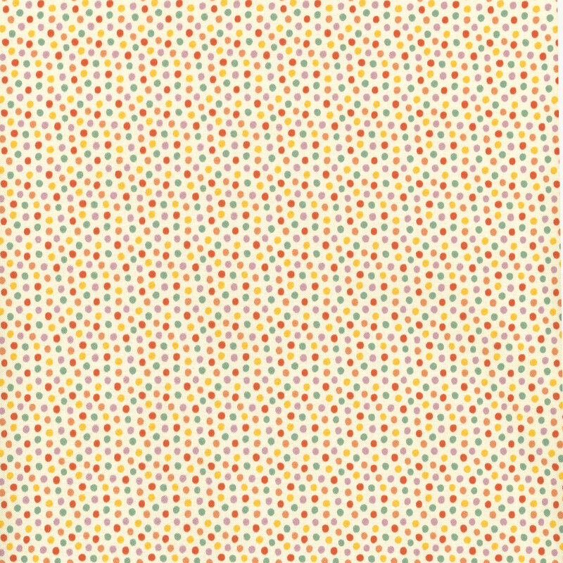 Natural cream fabric with tiny colorful dots close together in green, orange, , yellow, and purple