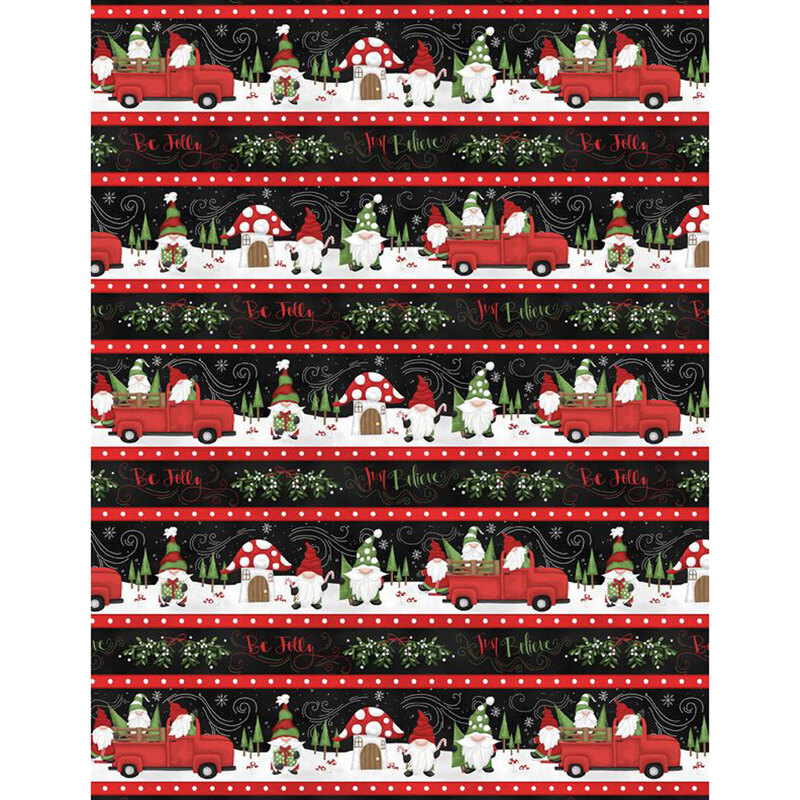 Border print featuring gnomes in little red trucks hauling Christmas trees.