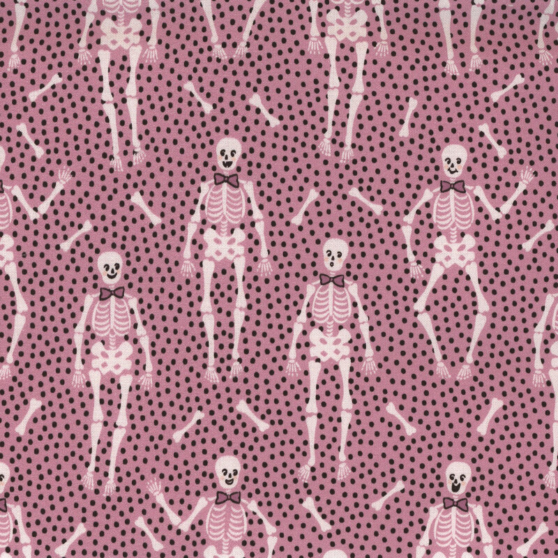 Purple fabric with tiny black dots close together and upright bow tie wearing skeletons with long bones tossed between them