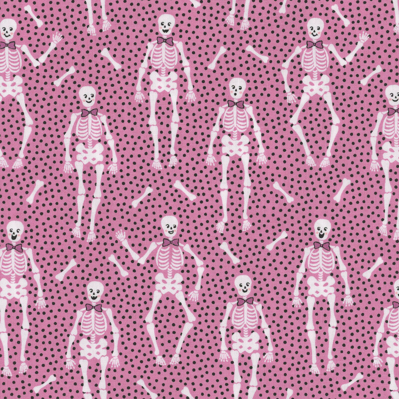 Purple fabric with tiny black dots close together and upright bow tie wearing skeletons with long bones tossed between them.