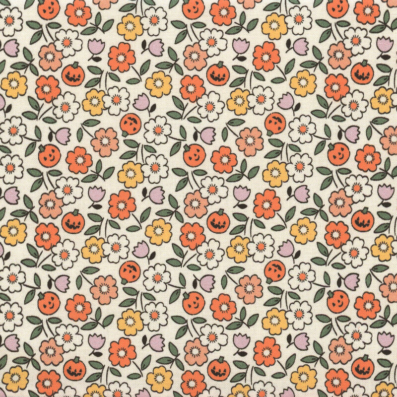 Natural cream fabric featuring tossed white, orange, purple, and yellow flowers amid small jack-o-lanterns and green leaves