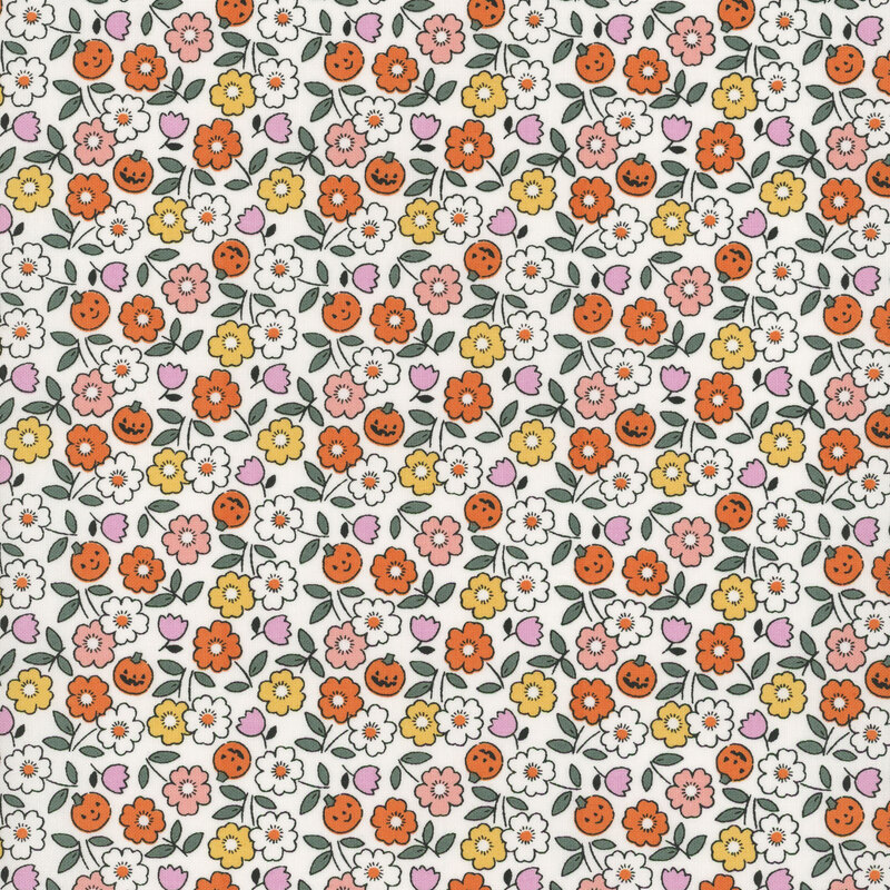 Natural cream fabric featuring tossed white, orange, purple, and yellow flowers amid small jack-o-lanterns and green leaves.