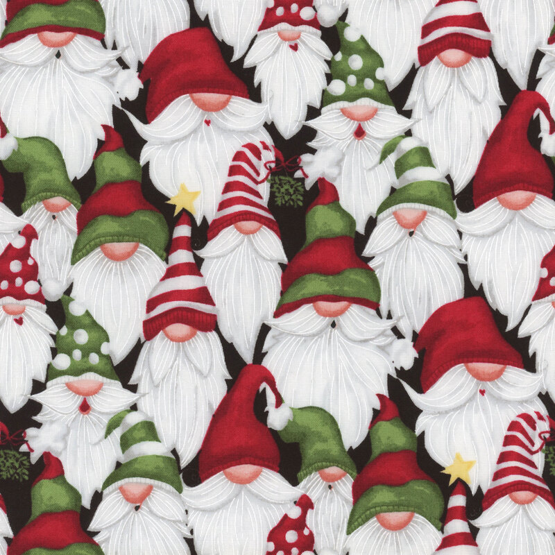 Fabric featuring a pattern of gnomes all dressed in red and green on a black background.