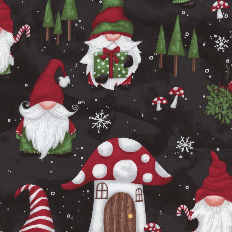 Black fabric with a pattern of gnomes and mushroom houses in the snow.